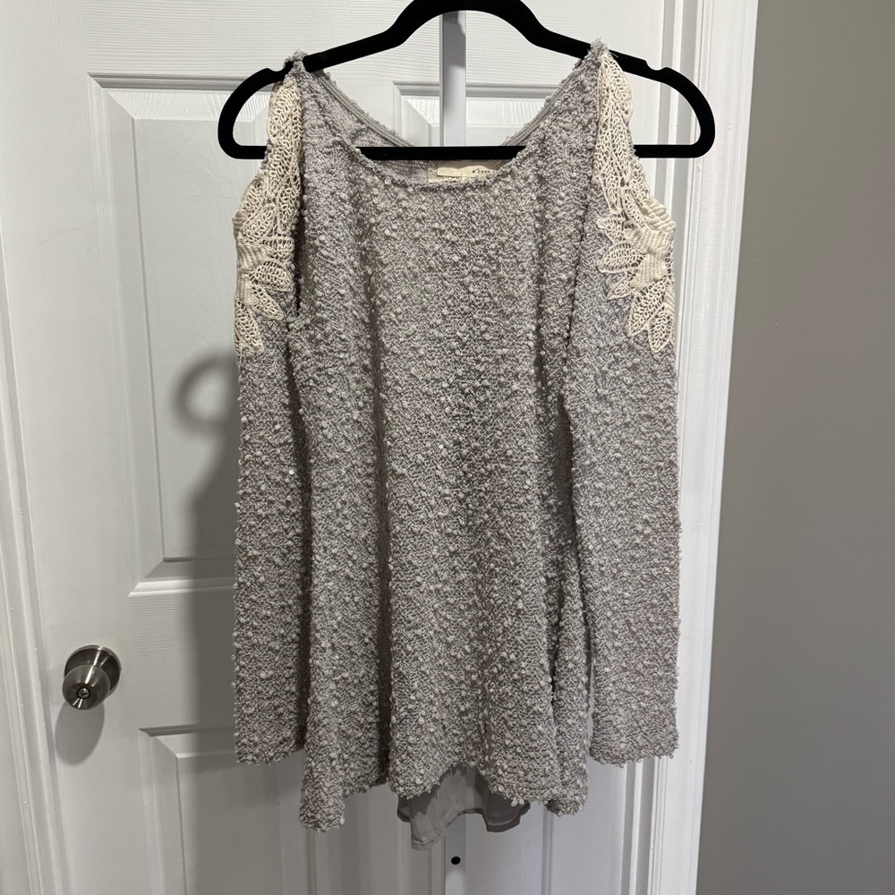 A'Reve Textured Gray Cold Shoulder Blouse